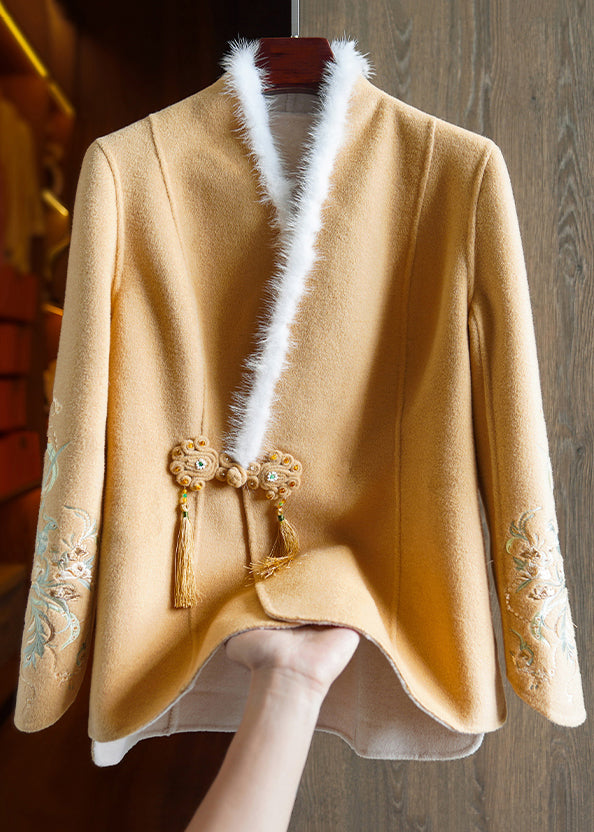 Top Quality Khaki Embroidered Button Mink Hair Patchwork Woolen Coat Fall
