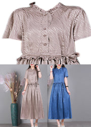 2024 Lotus Root Pink V Neck Button Drawstring Silk Dresses Short Sleeve