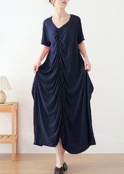 2022 Navy Asymmetrical Design Cotton Long Dress Short Sleeve