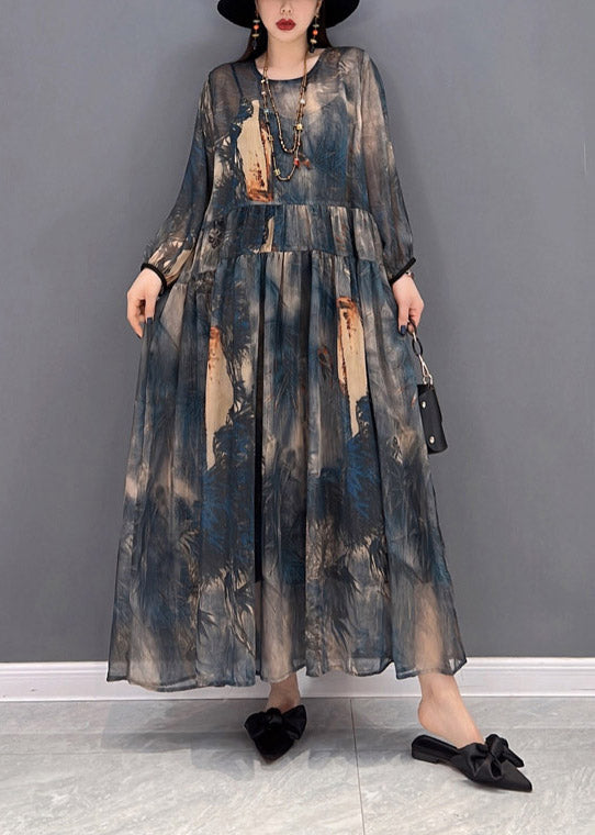 2022 O-Neck Print Tulle Patchwork Wrinkled Chiffon Dresses Long Sleeve