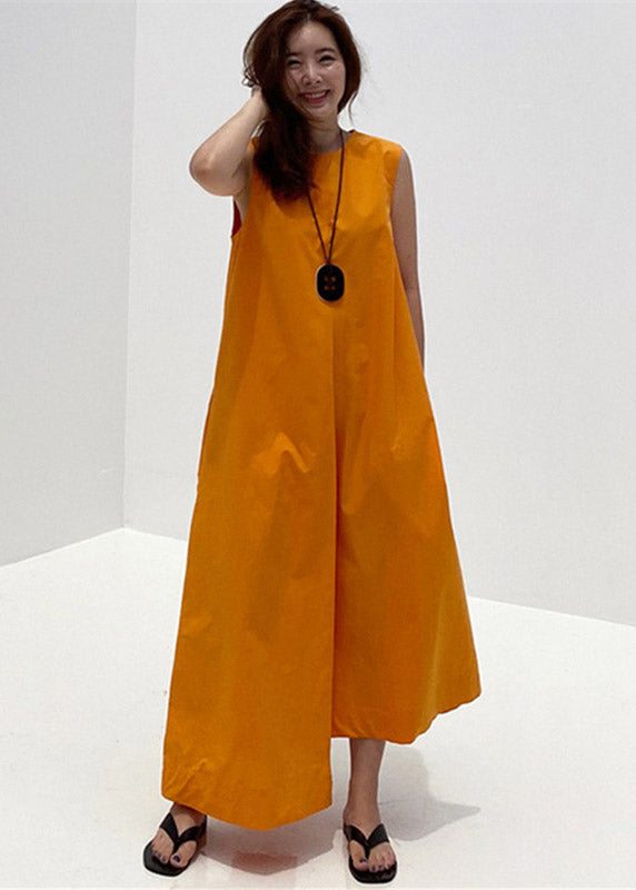 2022 Orange O-Neck Asymmetrical Pockets Cotton Long Dresses Sleeveless