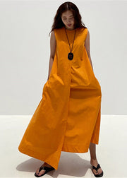 2024 Orange O-Neck Asymmetrical Pockets Cotton Long Dresses Sleeveless
