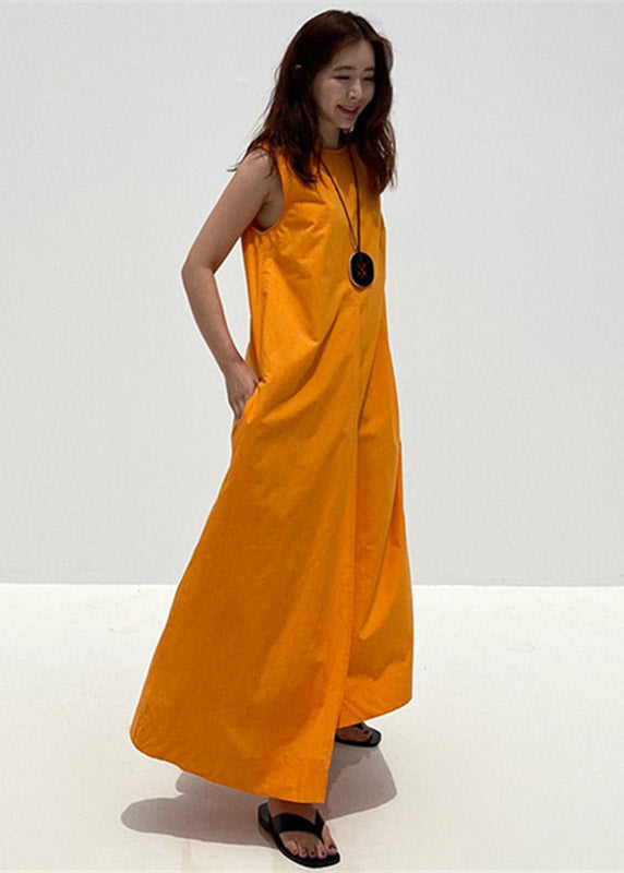 2022 Orange O-Neck Asymmetrical Pockets Cotton Long Dresses Sleeveless