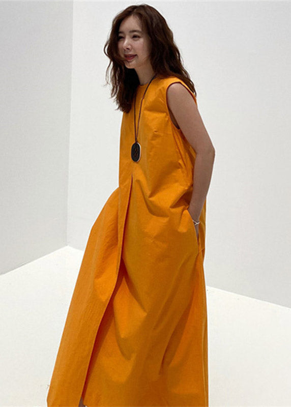2022 Orange O-Neck Asymmetrische Taschen Baumwolle Lange Kleider Ärmellos