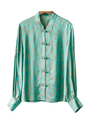 2024 Peacock Green Mandarin Collar Button Jacquard Shirt Tops Long sleeve