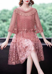 2024 Pink O-Neck Ruffled Patchwork Lace Dress Half Sleeve