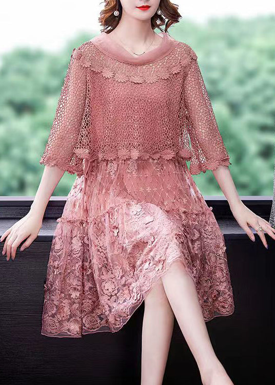 2024 Pink O-Neck Ruffled Patchwork Lace Dress Half Sleeve