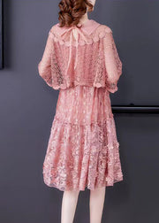 2022 Pink O-Neck Ruffled Patchwork Lace Dress Half Sleeve