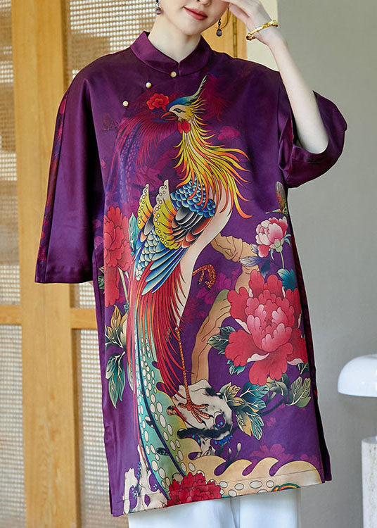 2024 Purple Mandarin Collar Side Open Print Silk Dresses Bracelet Sleeve