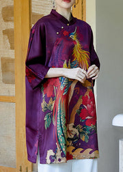 2022 Purple Mandarin Collar Side Open Print Silk Dresses Bracelet Sleeve