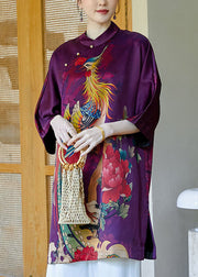 2022 Purple Mandarin Collar Side Open Print Silk Dresses Bracelet Sleeve