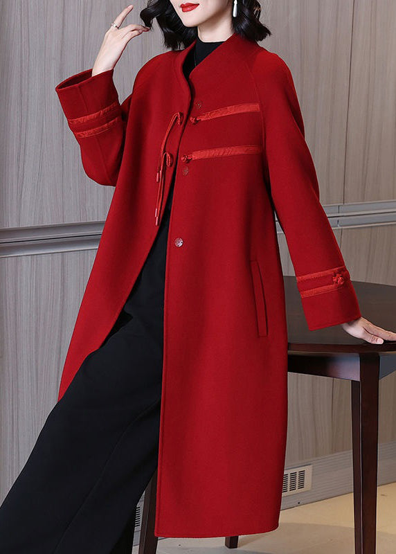 Top Quality Red Stand Collar Button Pockets Woolen Coats Spring