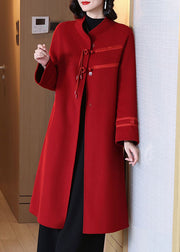 Top Quality Red Stand Collar Button Pockets Woolen Coats Spring