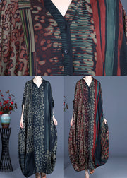 2024 Red V Neck Print Silk Long Dress Batwing Sleeve