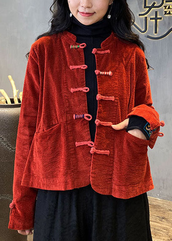 2024 Red button O-Neck pockets Corduroy Coats Spring