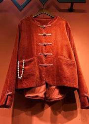 2024 Red button O-Neck pockets Corduroy Coats Spring