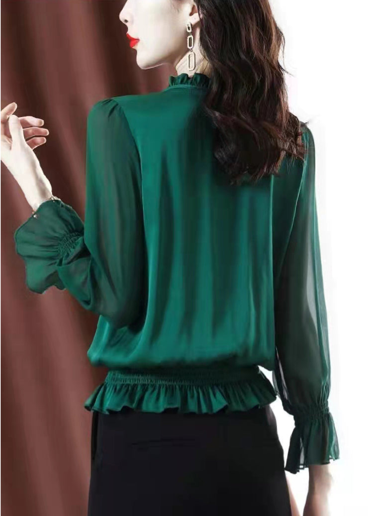 2024 Solid Green Ruffled elastic waist Chiffon Top Long Sleeve