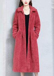 Top Quality Watermelon Red Wrinkled Pockets Woolen Coats Long Sleeve