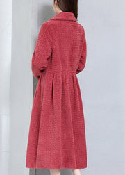 Top Quality Watermelon Red Wrinkled Pockets Woolen Coats Long Sleeve