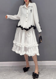 2024 White Embroidered Ruffled Tulle Patchwork Chiffon Dress Two Pieces Set Spring