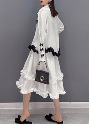 2024 White Embroidered Ruffled Tulle Patchwork Chiffon Dress Two Pieces Set Spring