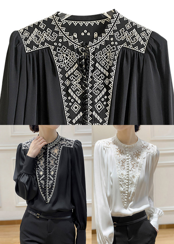 2024 White O-Neck Embroidered Floral Silk Shirt Long Sleeve