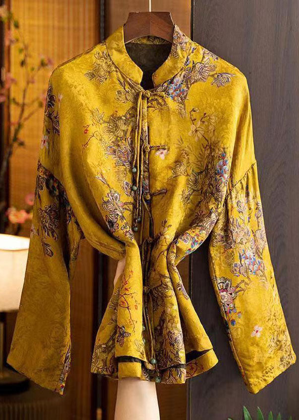 2024 Yellow Stand Collar Oriental Button Patchwork Tassel Jacquard Silk Shirt Top Long Sleeve