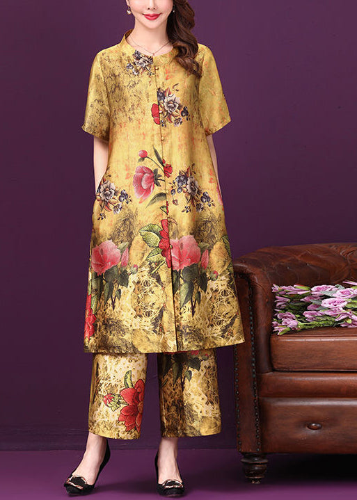 2022 Yellow Stand Collar Pockets Floral Print Silk Two Pieces Set Short Sleeve