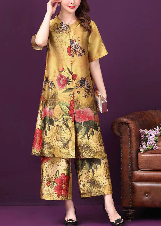 2024 Yellow Stand Collar Pockets Floral Print Silk Two Pieces Set Short Sleeve