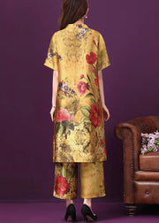 2024 Yellow Stand Collar Pockets Floral Print Silk Two Pieces Set Short Sleeve