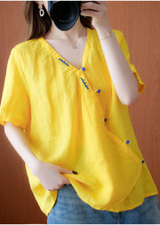 2024 Yellow V Neck Embroidered Cotton Blouses Short Sleeve