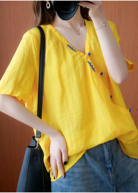 2022 Yellow V Neck Embroidered Cotton Blouses Short Sleeve