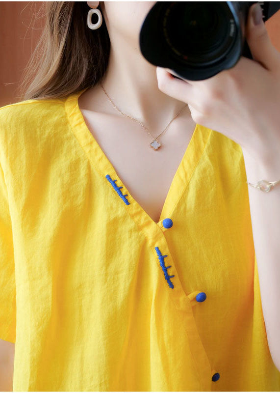 2024 Yellow V Neck Embroidered Cotton Blouses Short Sleeve