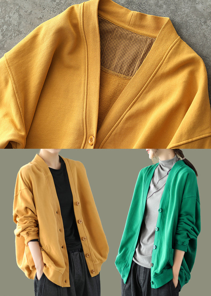 2024 Yellow V Neck Pockets Coats Long Sleeve