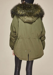 Trendy Army Green hooded Fur collar drawstring Winter Duck Down coat