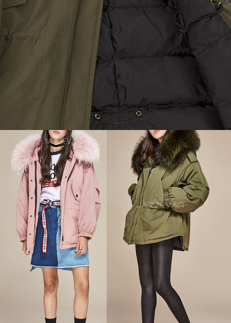 Trendy Army Green hooded Fur collar drawstring Winter Duck Down coat