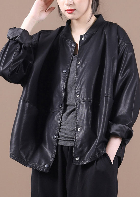 Trendy Black PU Loose Button Fall Coats Long Sleeve