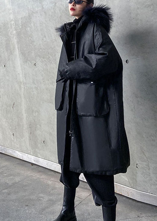 Trendiger schwarzer Pelzkragen mit Kapuze, Taschen, dicker Winter-Baumwoll-PU-Damenparka