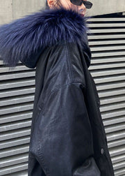 Trendiger schwarzer Pelzkragen mit Kapuze, Taschen, dicker Winter-Baumwoll-PU-Damenparka