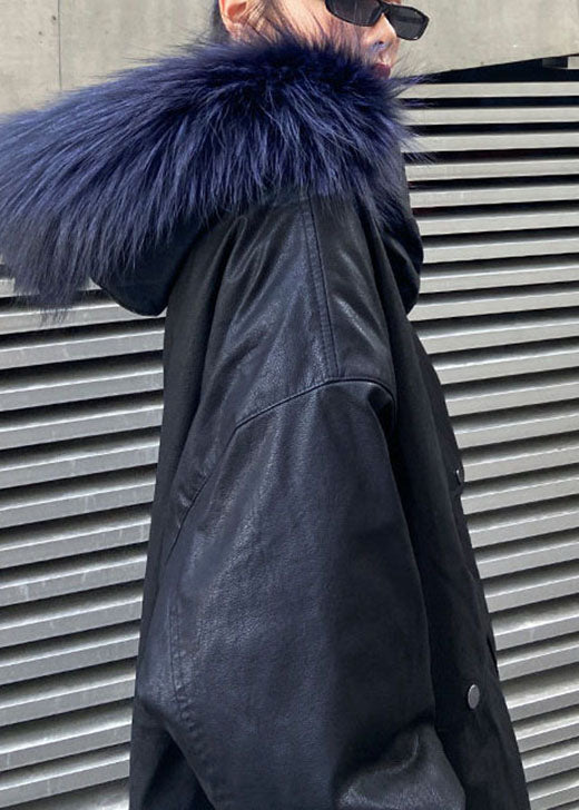 Trendy Black hooded Fur collar Pockets Thick Winter Cotton PU Women s Parka