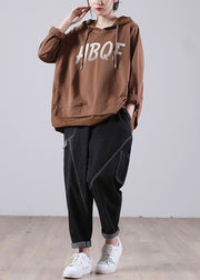 Trendy Brown hooded Drawstring Graphic Fall Patchwork Sweatshirts Top
