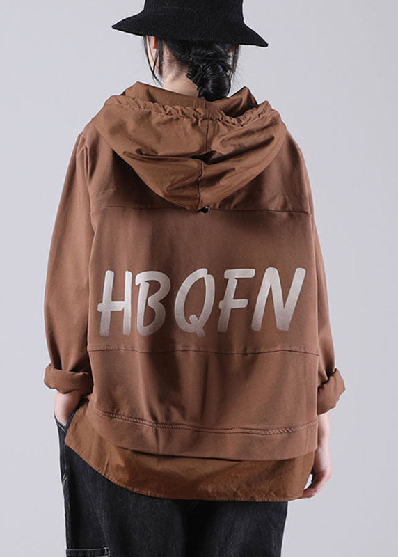 Trendy Brown hooded Drawstring Graphic Fall Patchwork Sweatshirts Top