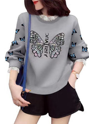 Trendy Grey Lace Patchwork Print Lässiges Herbst-Sweatshirt Streetwear