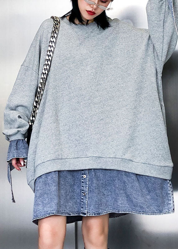 Trendy Grey Patchwork Denim Button Fall Sweatshirts Top