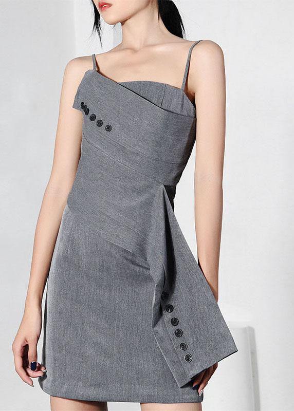 Trendy Grey asymmetrical design Button Spaghetti Strap Mini Dress - SooLinen