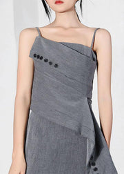 Trendy Grey asymmetrical design Button Spaghetti Strap Mini Dress - SooLinen