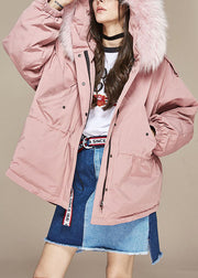 Trendy Pink Fur collar Pockets zippered Winter Duck Down Puffer Jacket