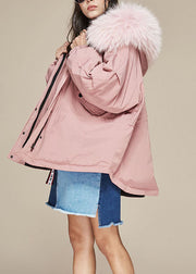 Trendy Pink Raccoon Haarkragen Taschen mit Reißverschluss Winter Duck Down Puffer Jacket