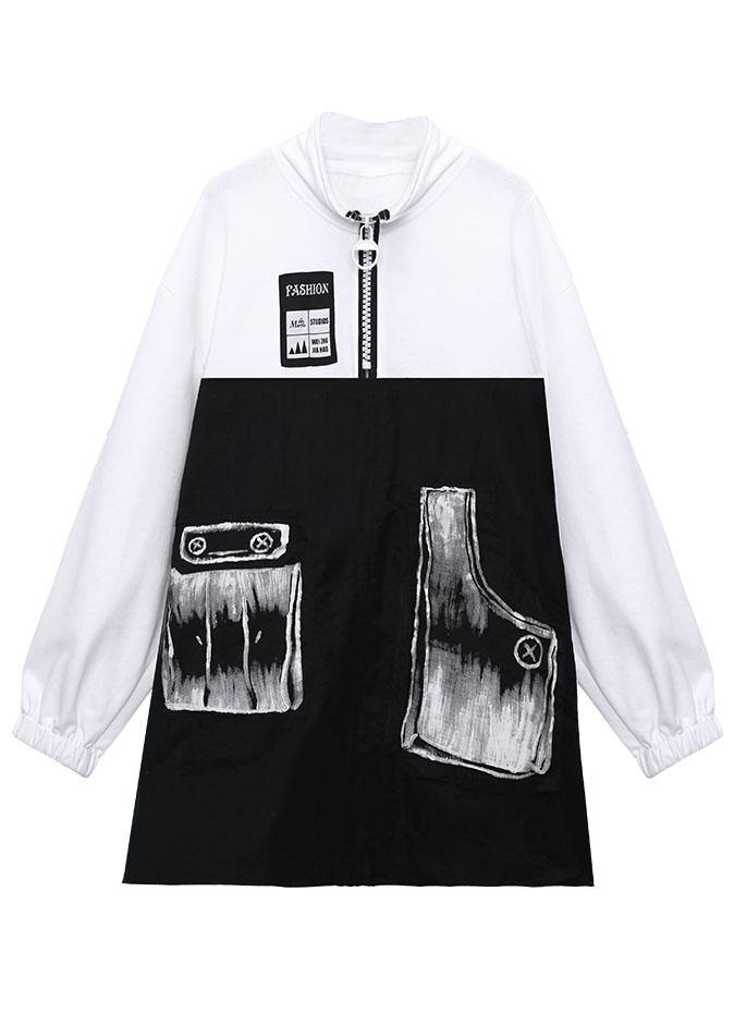 Trendy Pockets Print Patchwork Zippered Fall Sweatshirts Top - SooLinen