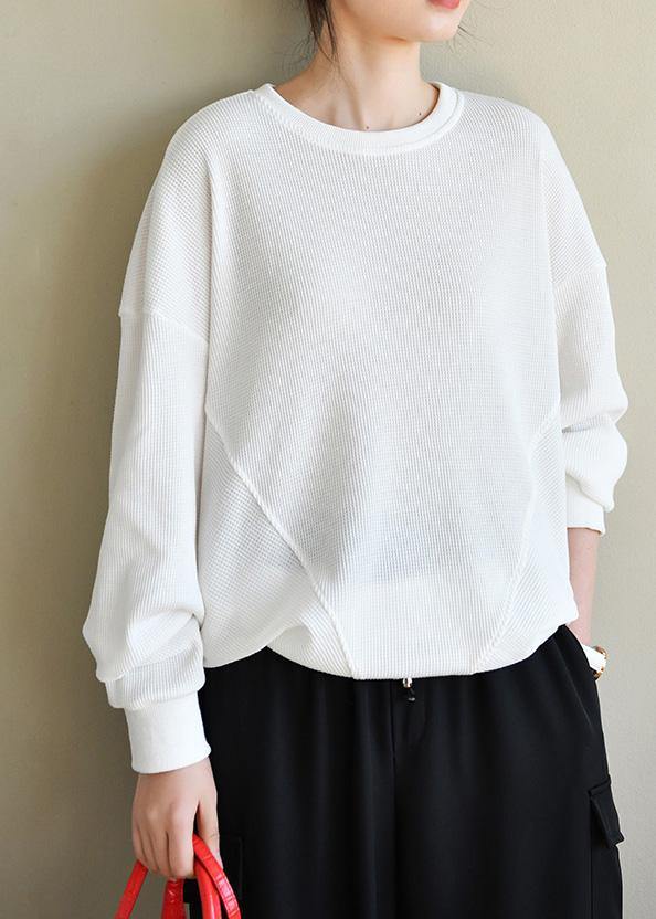 Trendy White Cotton Long sleeve Sweatshirts Top - SooLinen